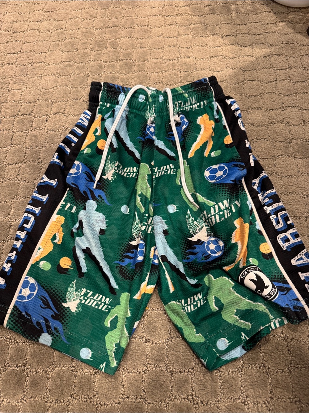 Kids Green Soccer Print Athletic Shorts with Drawstring